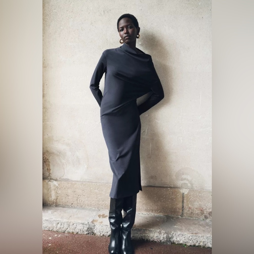 Zara | Dresses | Zara Wool Asymmetric Long Sleeve Midi Dress Zw Collection Navy  Blue Gray L | Poshmark